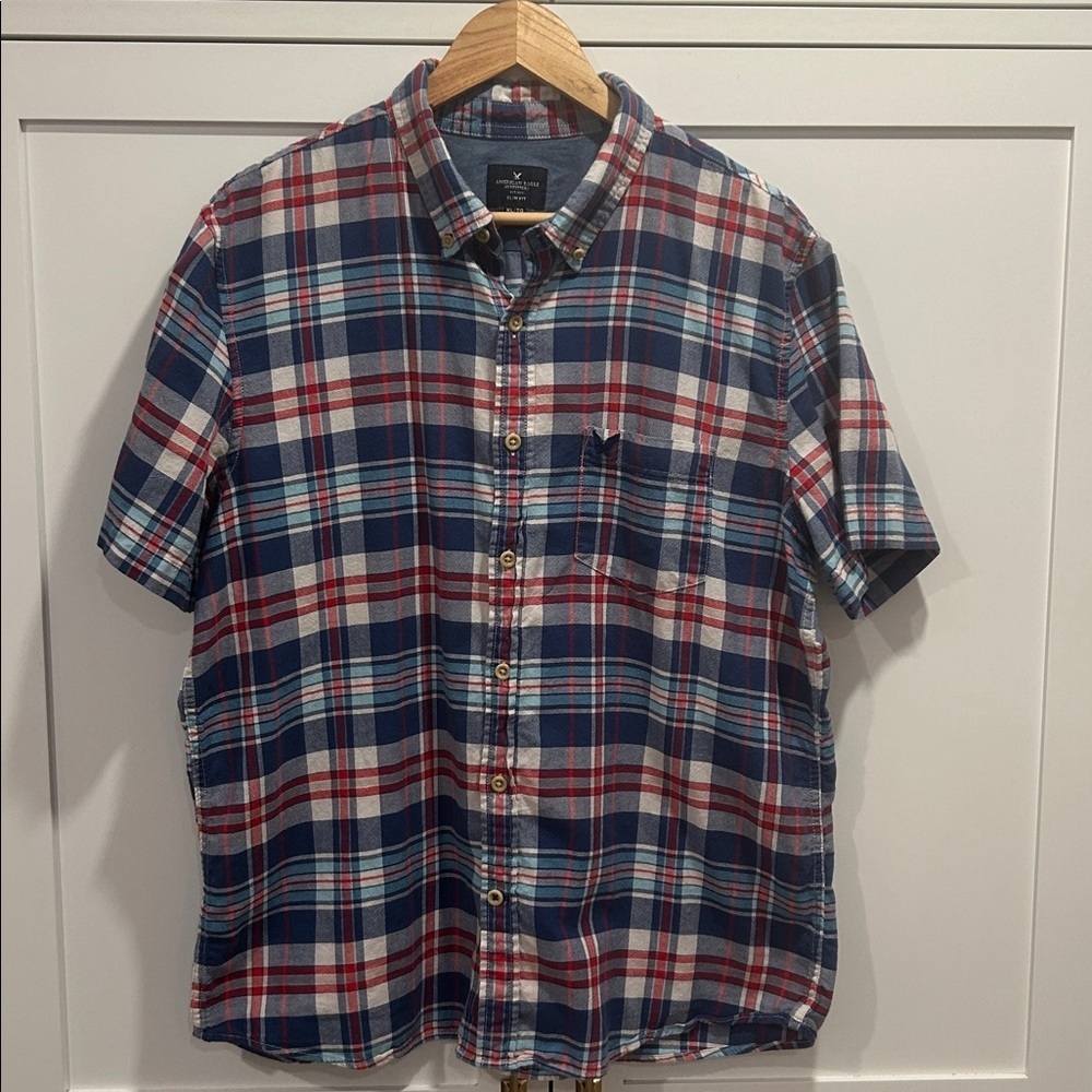 American Eagle Outfitters Slim Fit Blue Plaid Shirt Short Sleeves SZ XL